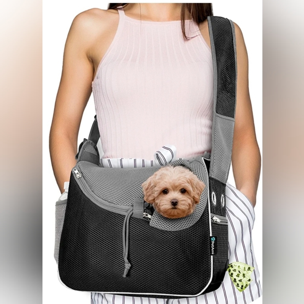 Dog Black Grey mesh reflective carrier Small to Medium drawstring sling